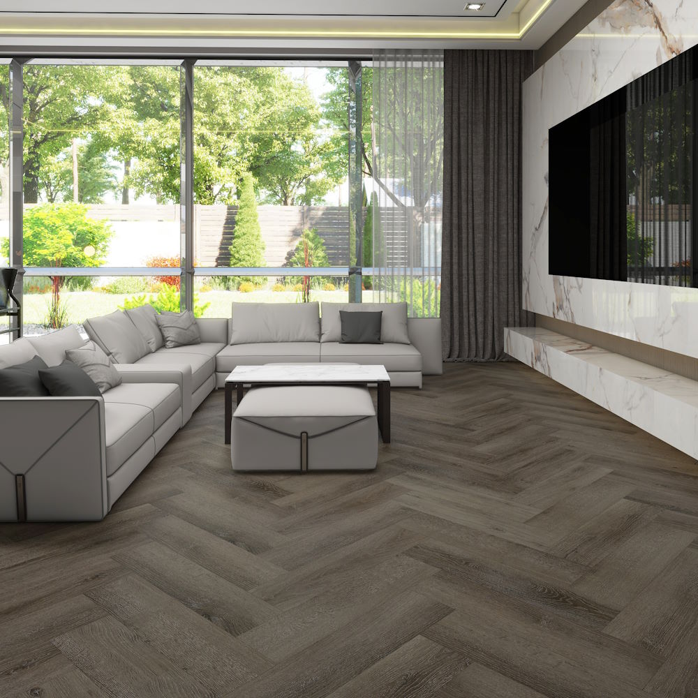 Axiscor Elevate Slate Room Scene Floor Sample On It